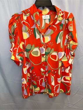 Adrienne Vibrant Red Abstract Floral Button-Front Blouse